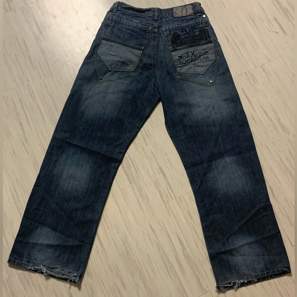 Rocawear Blue Jeans The Dynasty Code Embroidery Ripped Style Pants